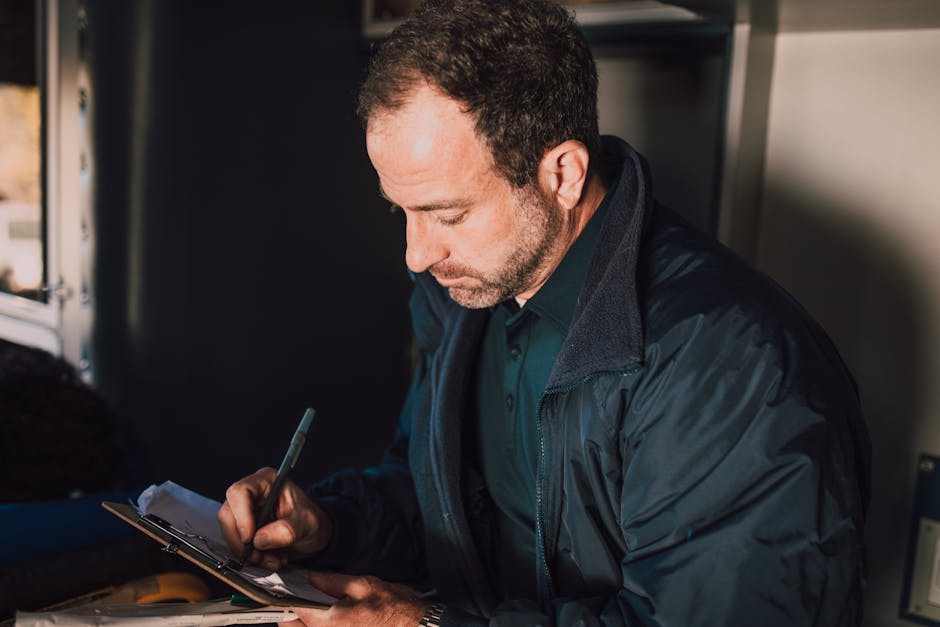 Adult male writing notes on a clipboard inside. Concentrated and thoughtful atmosphere.